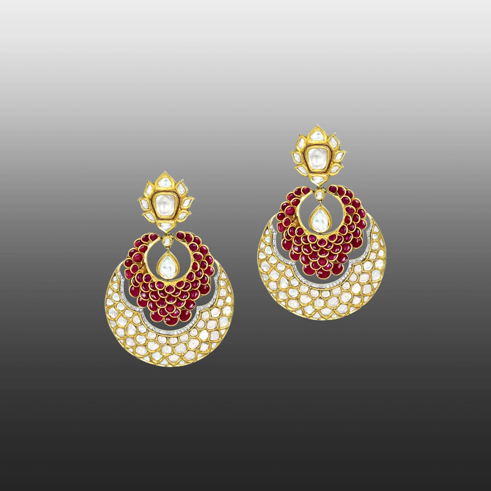 Red Stone Pachi Chandbali Earrings with Polkis